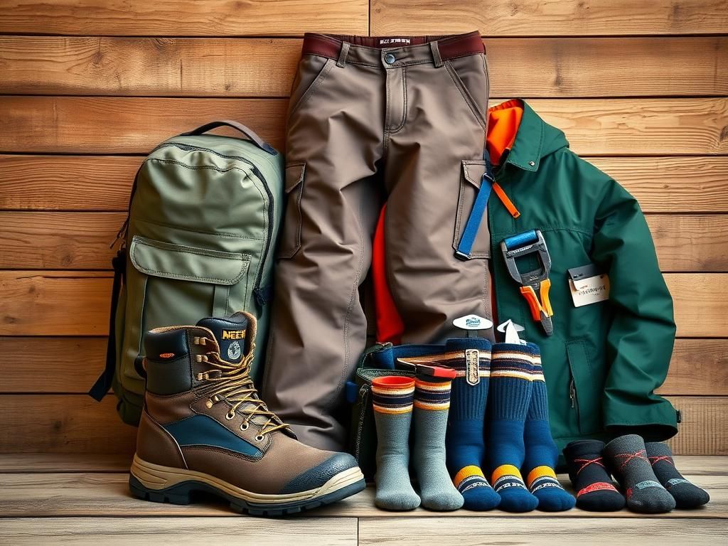 Flick International Sturdy waterproof work boots and cargo pants displayed against a rustic wooden backdrop