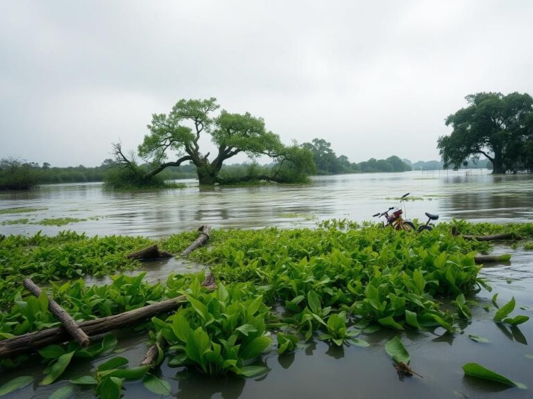 Flick International Flooded Texas riverbank depicting remnants of nature and debris after a severe flood disaster