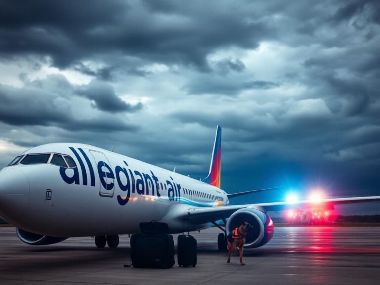 Flick International Close-up view of an Allegiant Air airplane with emergency lights and a K9 unit nearby