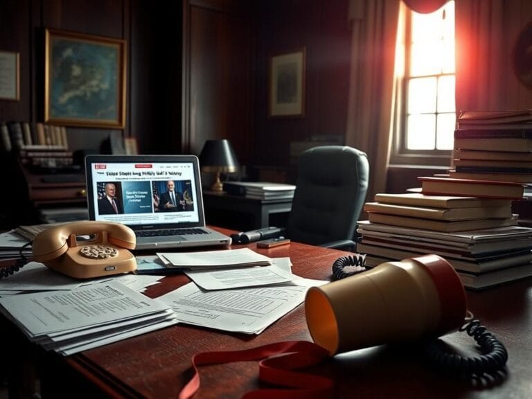Flick International A chaotic office environment with a cluttered desk and vintage phone, depicting the tension around Biden's phone call with a journalist.
