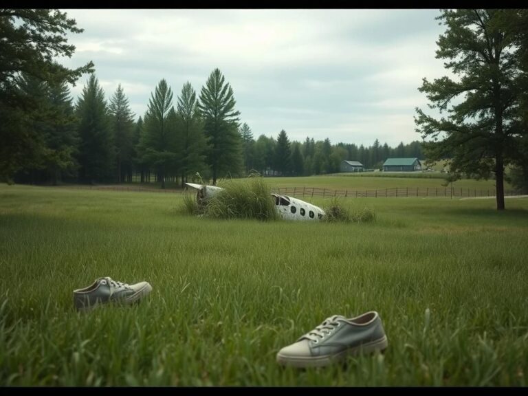 Flick International Plane wreckage in a grassy field surrounded by trees, symbolizing a tragic accident.