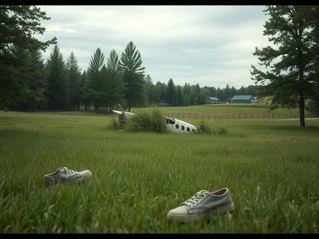 Flick International Plane wreckage in a grassy field surrounded by trees, symbolizing a tragic accident.