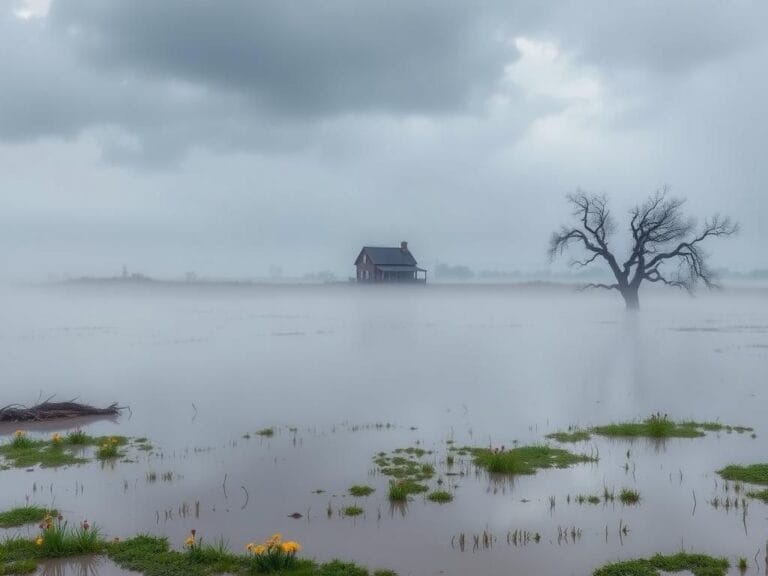 Flick International A serene landscape in central Texas after devastating floods, featuring submerged wildflowers and a rustic farmhouse.