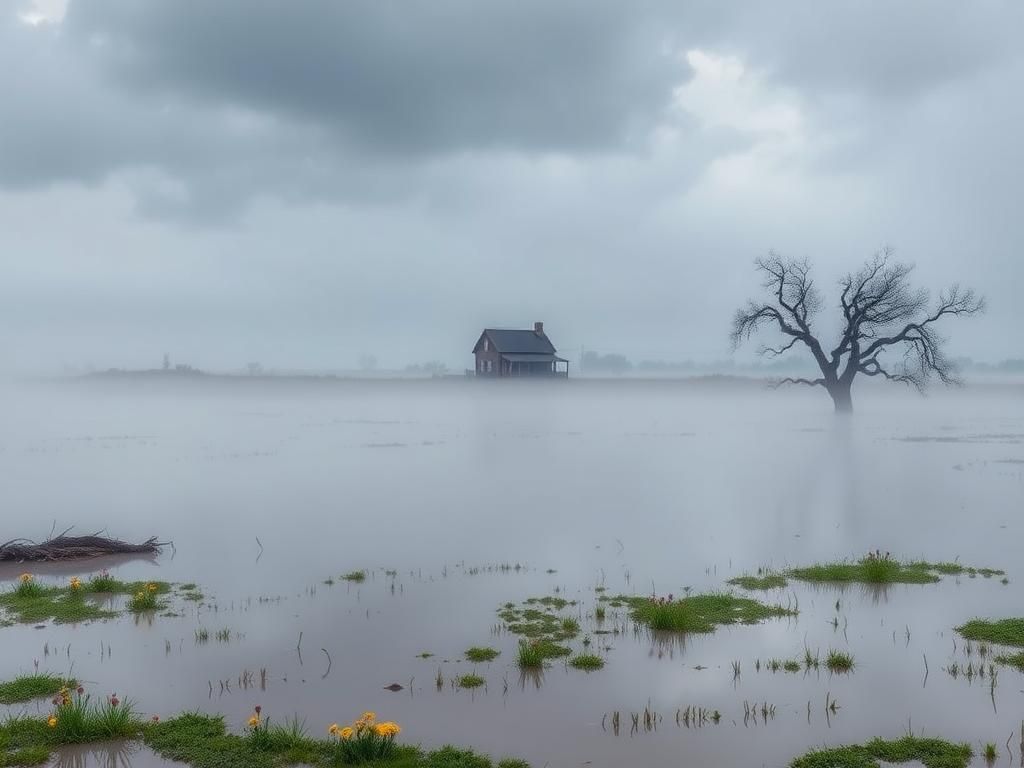 Flick International A serene landscape in central Texas after devastating floods, featuring submerged wildflowers and a rustic farmhouse.