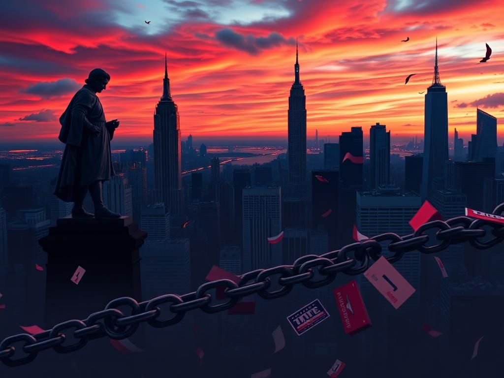 Flick International A bustling New York City skyline at dusk showcasing the Empire State Building and One World Trade Center against a dramatic sunset.