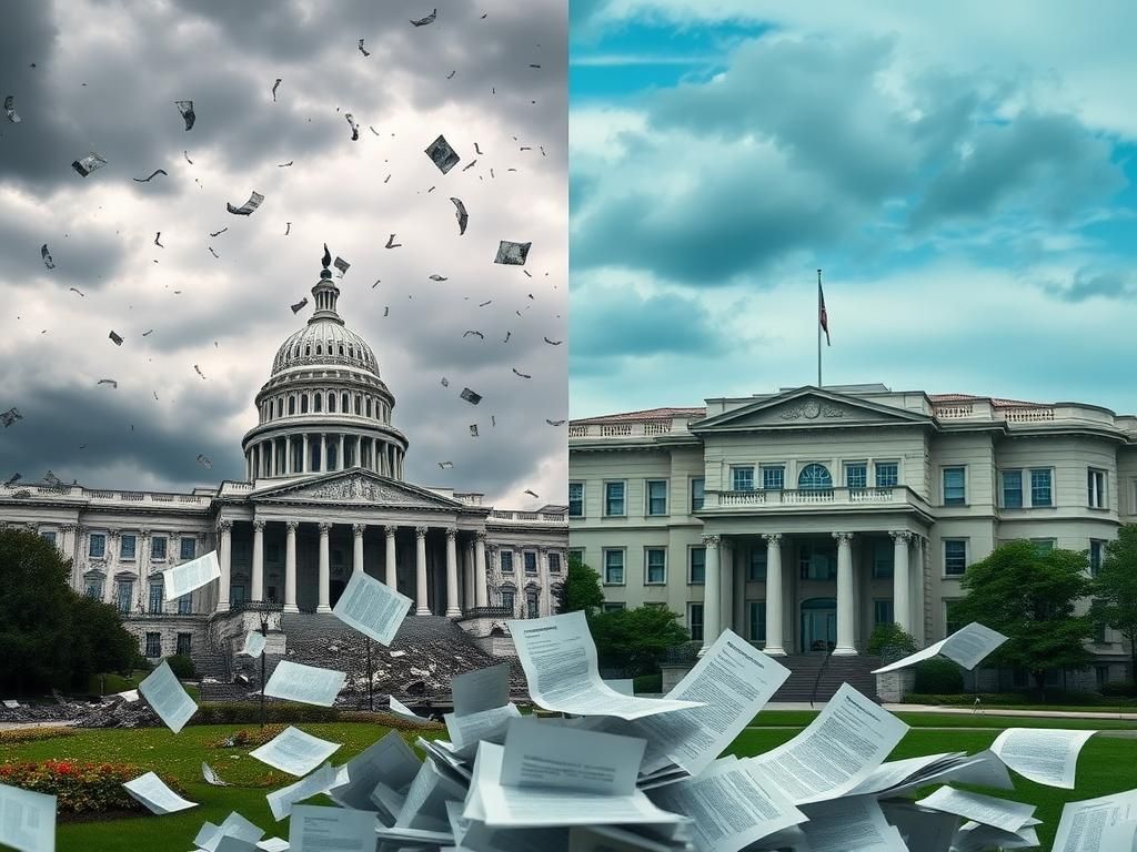 Flick International A split image depicting chaos and order in federal workforce changes