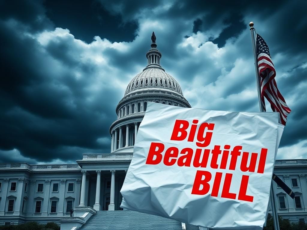 Flick International Crumpled legislation titled 'Big Beautiful Bill' in front of the U.S. Capitol under a stormy sky