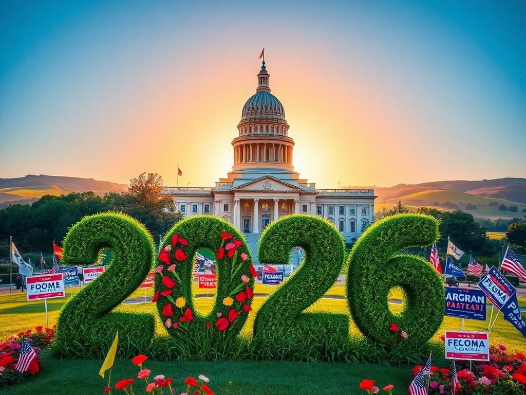 Flick International A vibrant scene at the Georgia state capitol showcasing political ambition with a large '2026' sign made of grass and flowers.