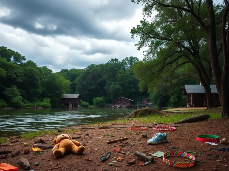 Flick International A serene landscape of Camp Mystic showcasing natural beauty and remnants from a recent tragedy