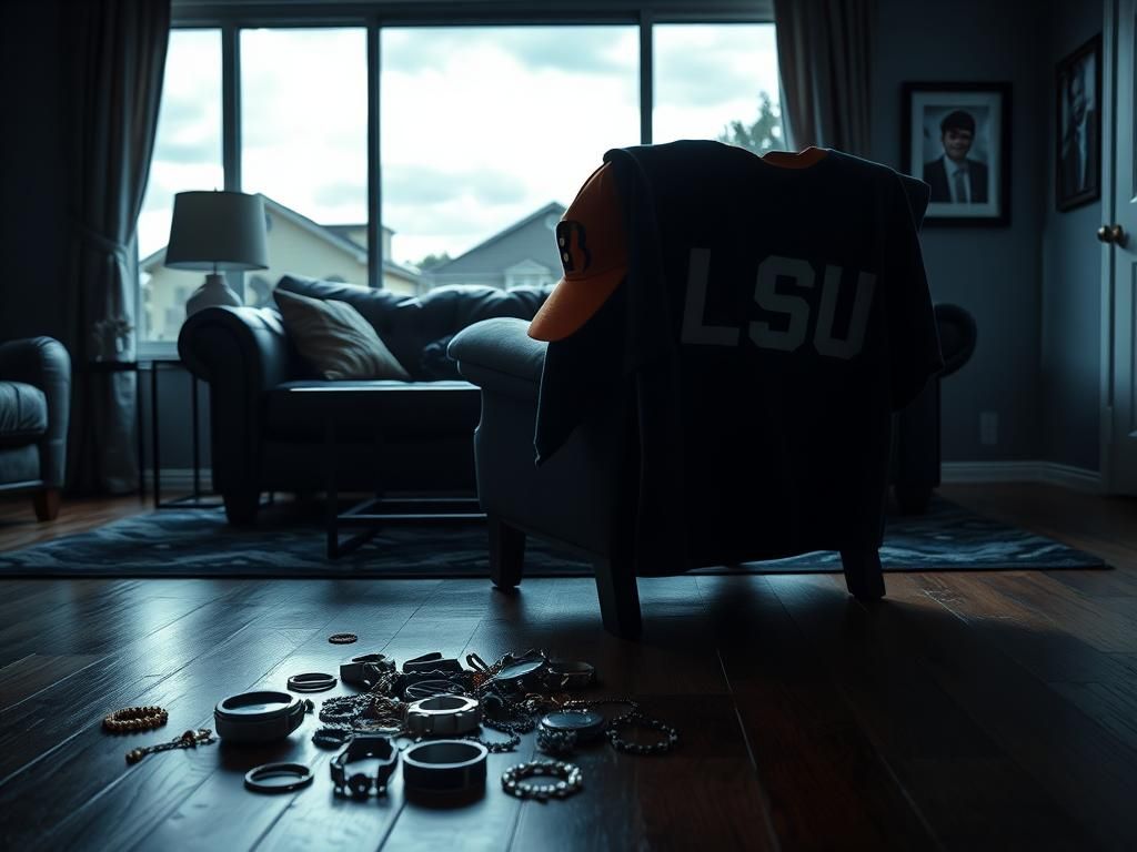 Flick International Dimly lit living room after a burglary with jewelry scattered on the floor