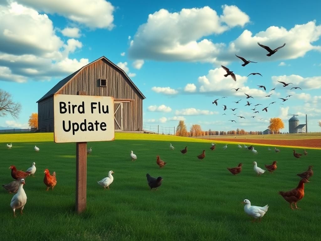 Flick International Serene farmyard landscape featuring domesticated birds, conveying calm after bird flu concerns.