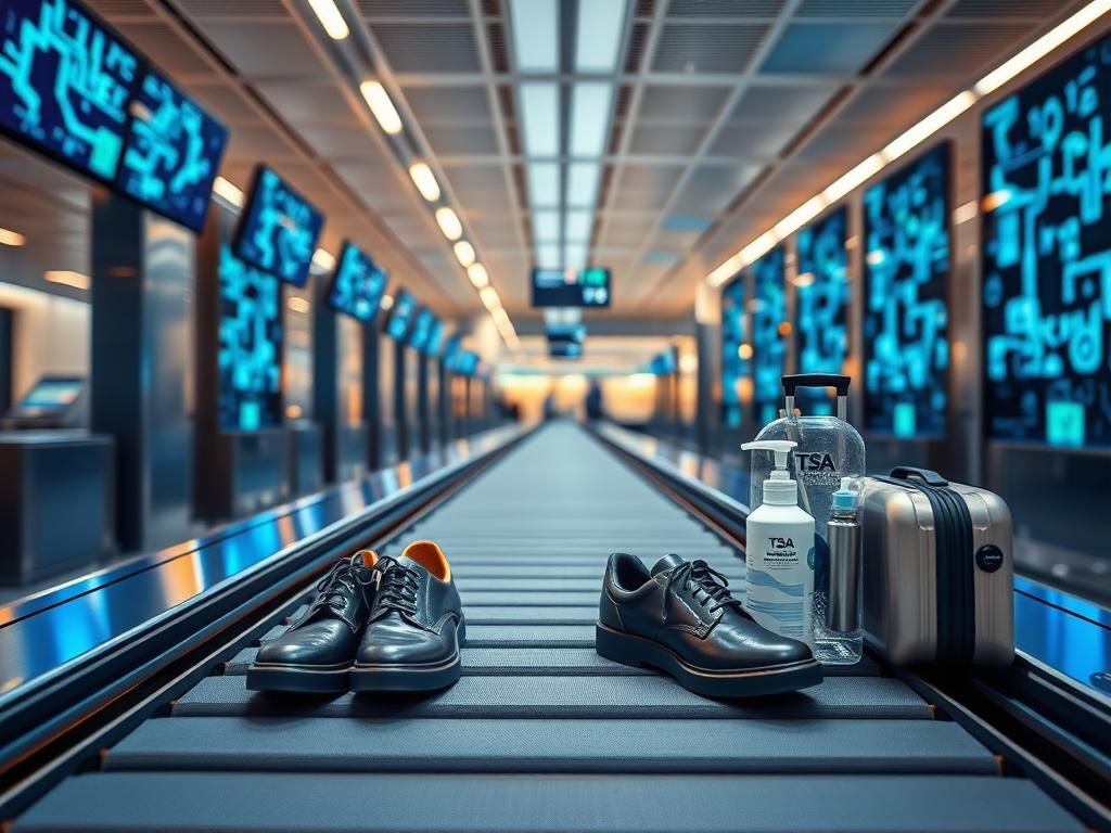 Flick International A high-tech airport security checkpoint with shoes on a conveyor belt symbolizing the end of the shoe removal policy
