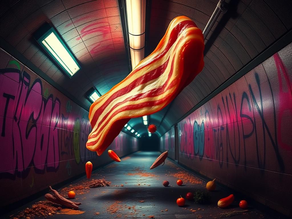Flick International Surreal dark subway tunnel with neon lights and floating bacon strip