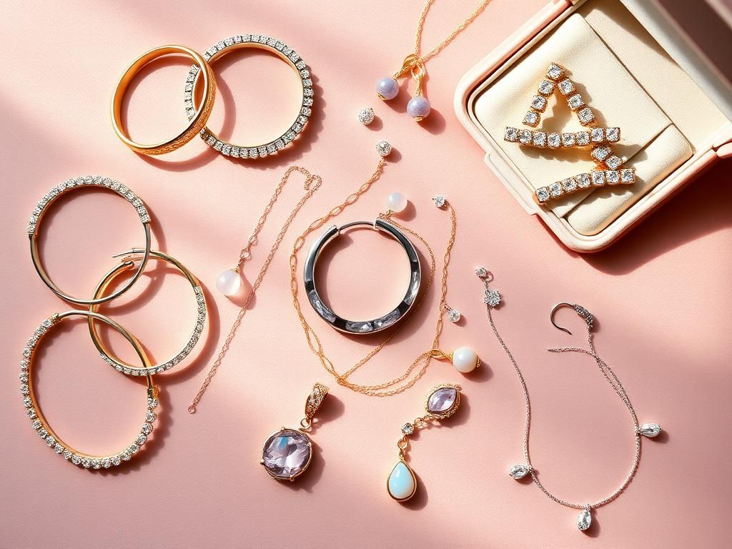 Flick International A beautifully arranged flat lay of elegant jewelry including tennis bracelets, huggie hoop earrings, and Swarovski crystal pendants on a velvet background.