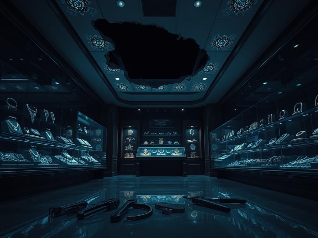 Flick International Dimly lit jewelry store interior showing high-end jewelry displays and scattered tools from a recent heist attempt