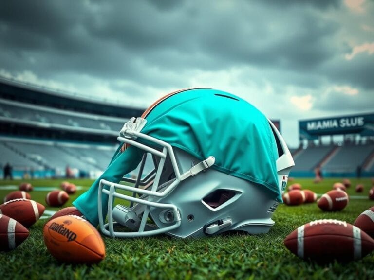 Flick International Stylized Miami Dolphins football helmet on the field with a faded flag, symbolizing team struggles