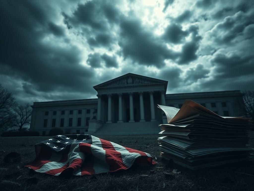 Flick International Dark, imposing government building with a cracked American flag symbolizing crisis and conspiracy