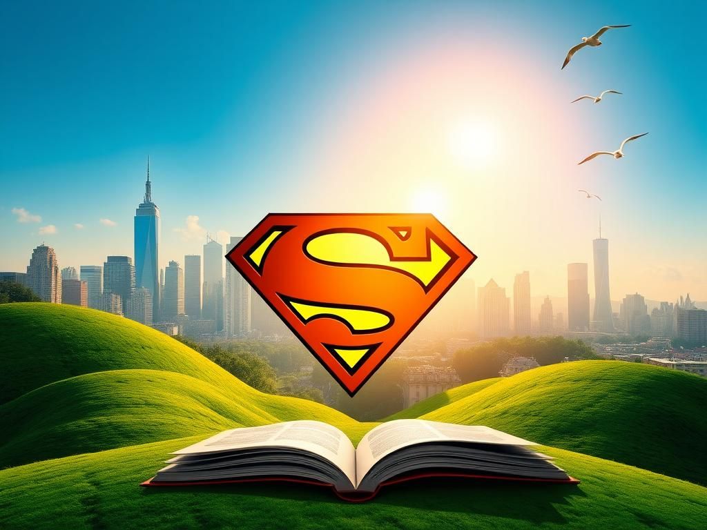 Flick International A stylized representation of Superman's iconic 'S' shield against a vibrant city skyline and nature backdrop.