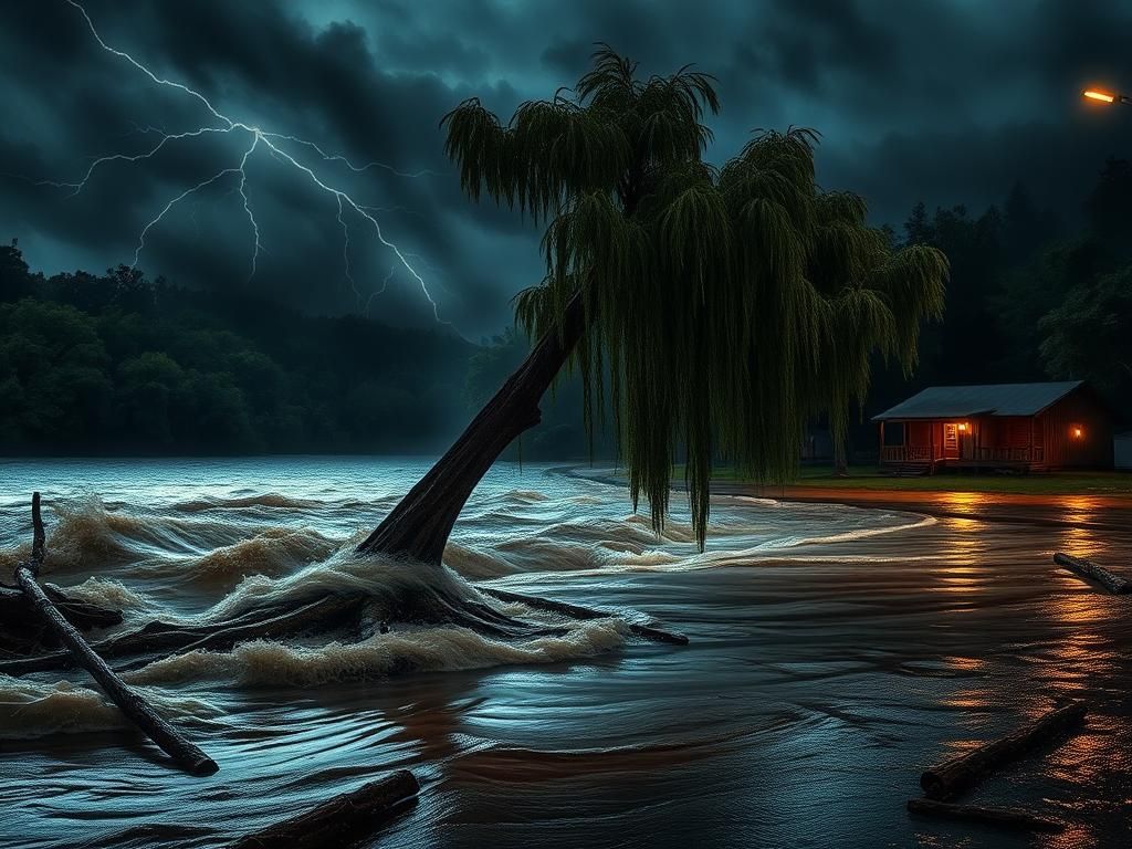 Flick International raging floodwaters surging through Hunt, Texas at night