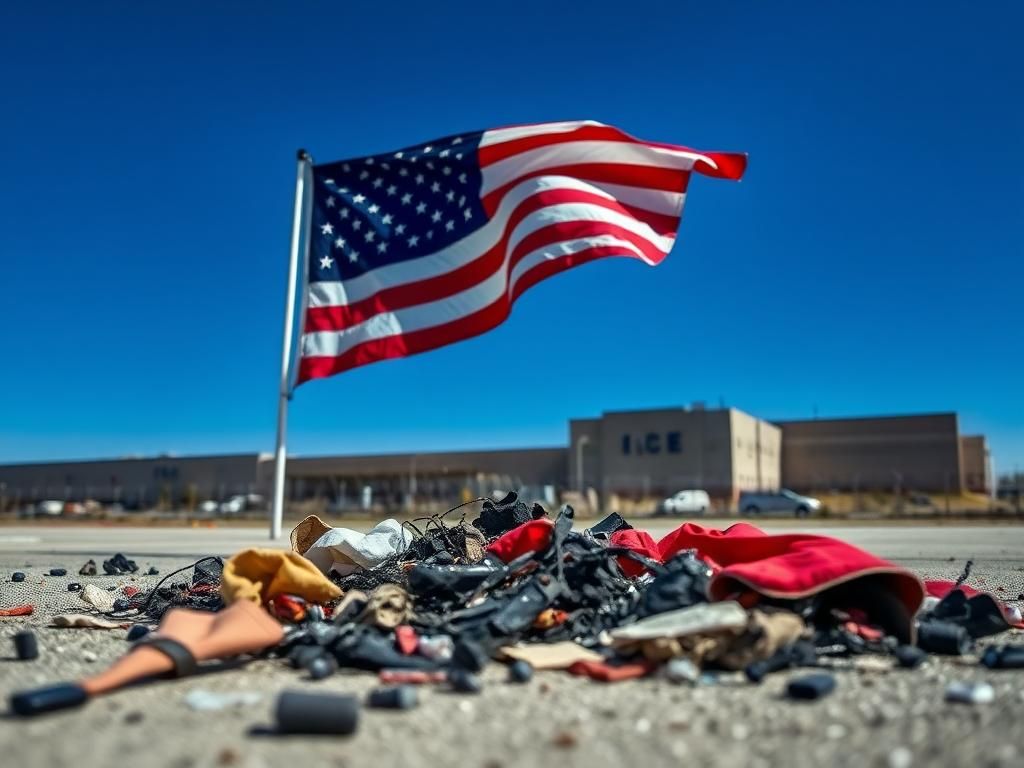 Flick International Close-up of a new American flag waving against a blue sky at a Portland ICE facility