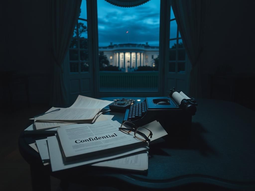 Flick International Dimly lit room in the White House with ornate desk, paperwork, typewriter, and confidential documents