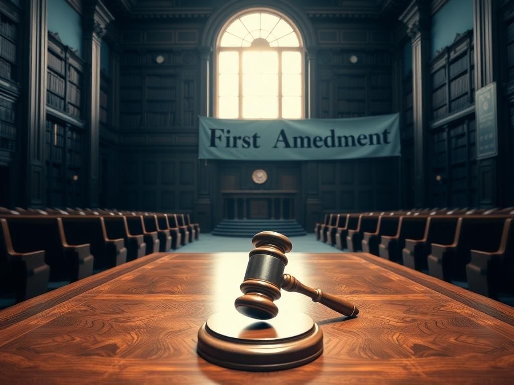 Flick International Empty judge's bench inside a state courthouse symbolizing legal proceedings in Trump's lawsuit