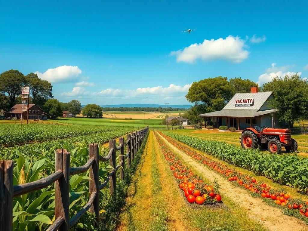 Flick International Vibrant farm landscape with crops and a rustic hotel under a blue sky