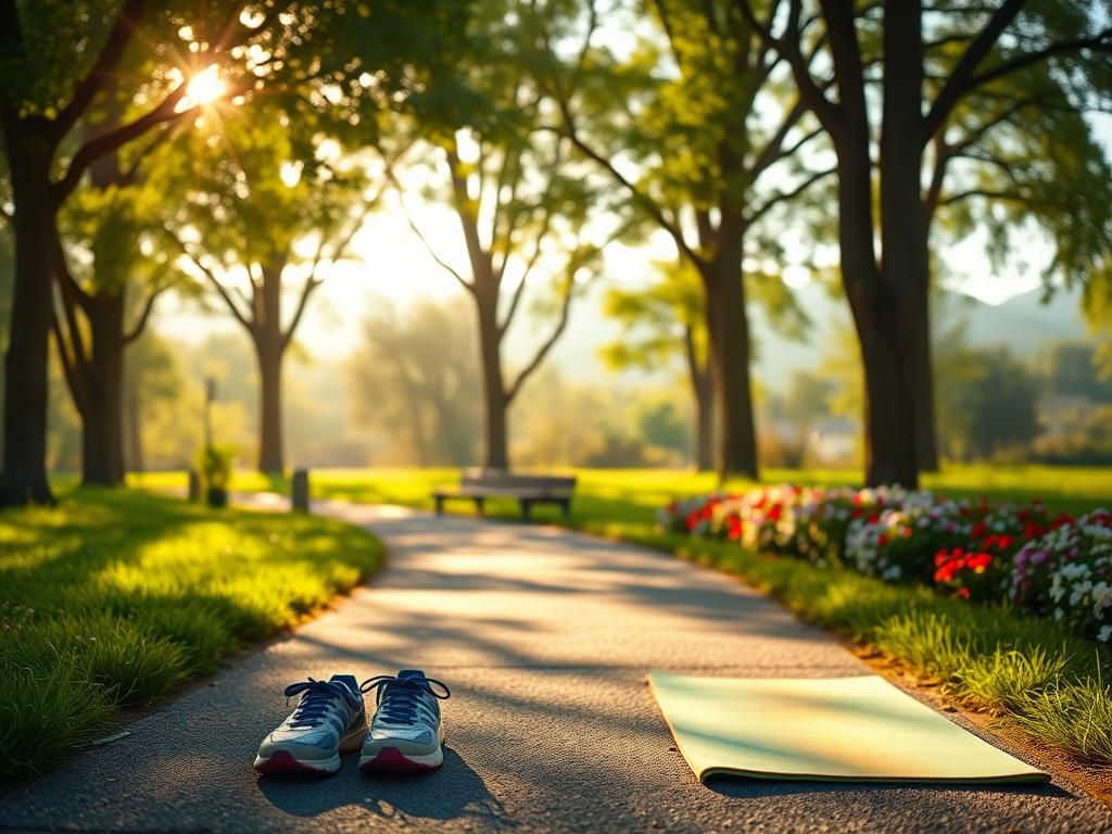 Flick International A serene morning scene in a sunlit park with a jogging path and running shoes.