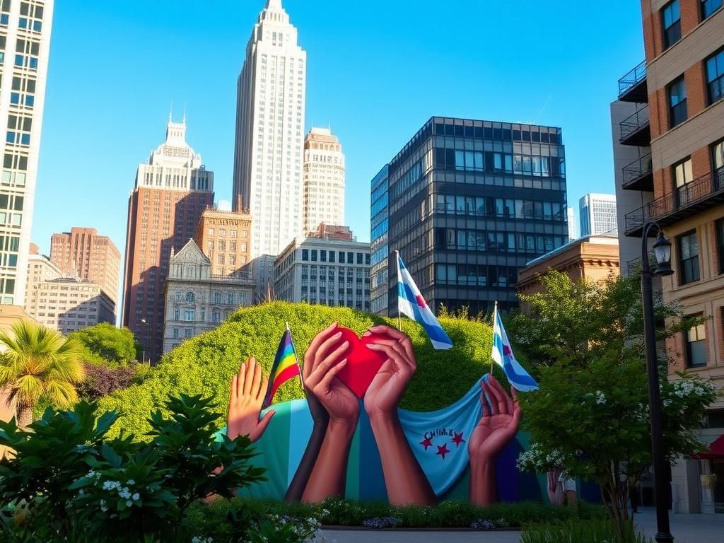 Flick International A vibrant mural depicting diverse hands around a heart in Chicago, symbolizing community and inclusivity.