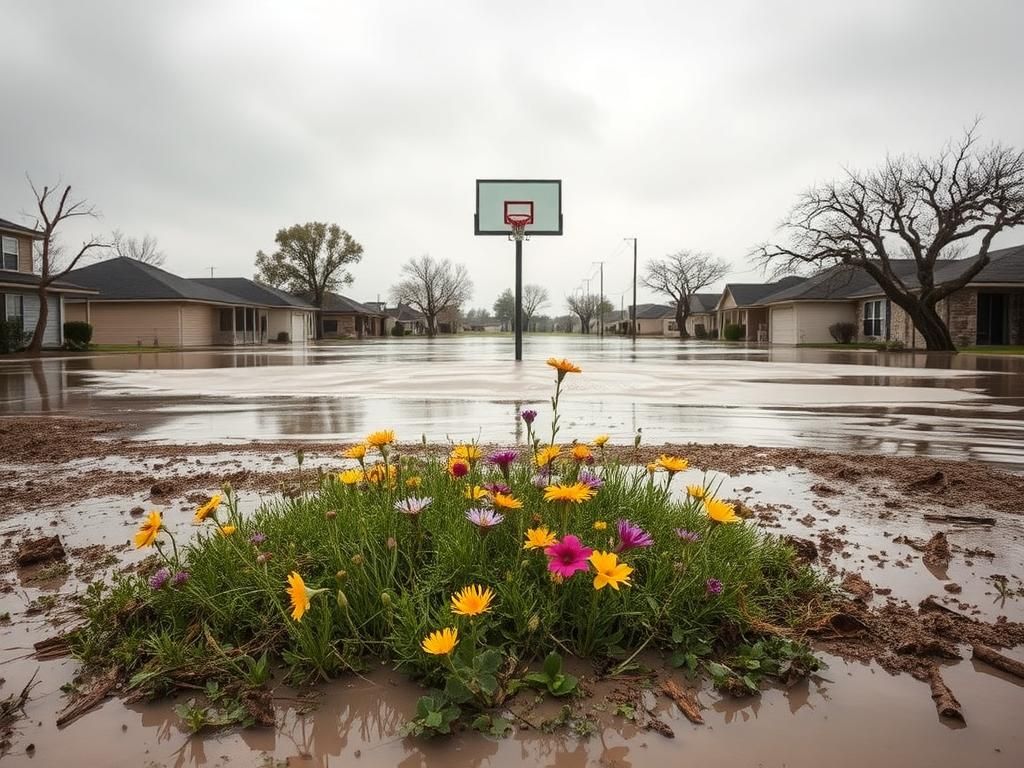 Flick International A serene landscape showing Texas homes recovering from recent floods with wildflowers symbolizing hope.