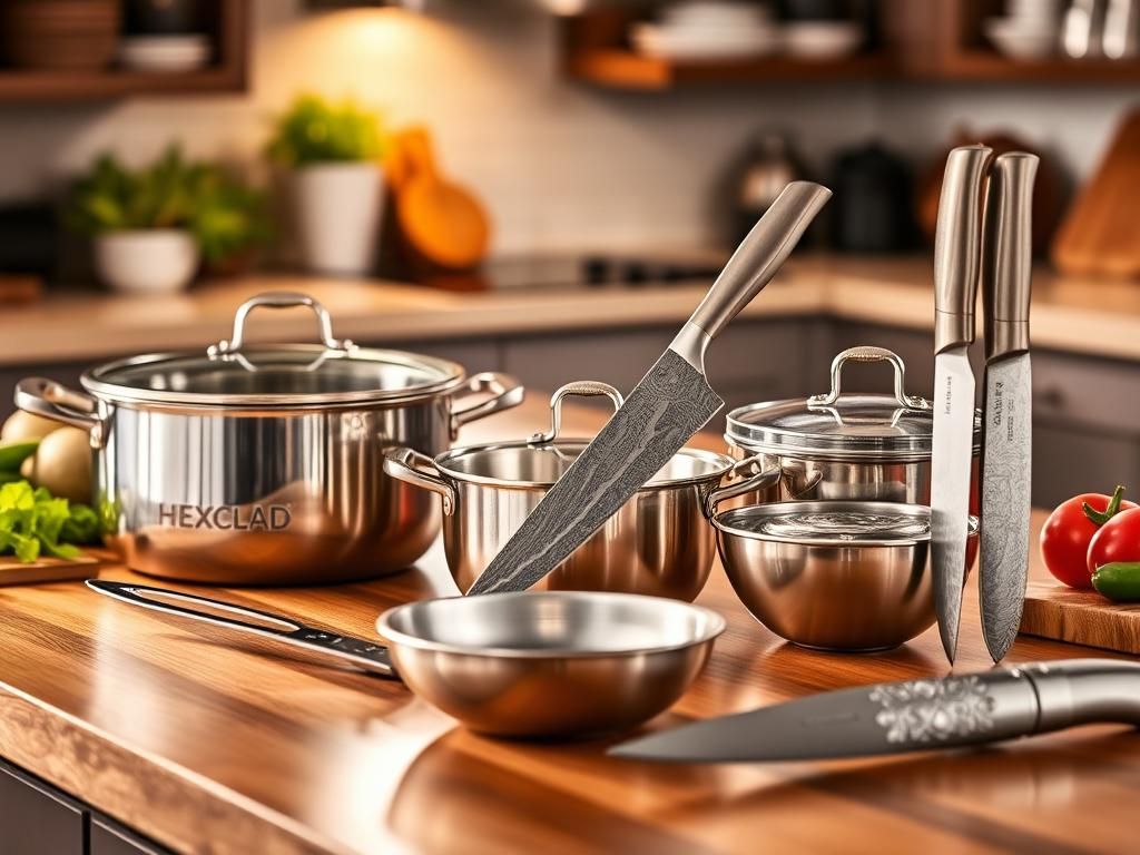 Flick International A beautifully arranged kitchen countertop displaying HexClad cookware and knife sets