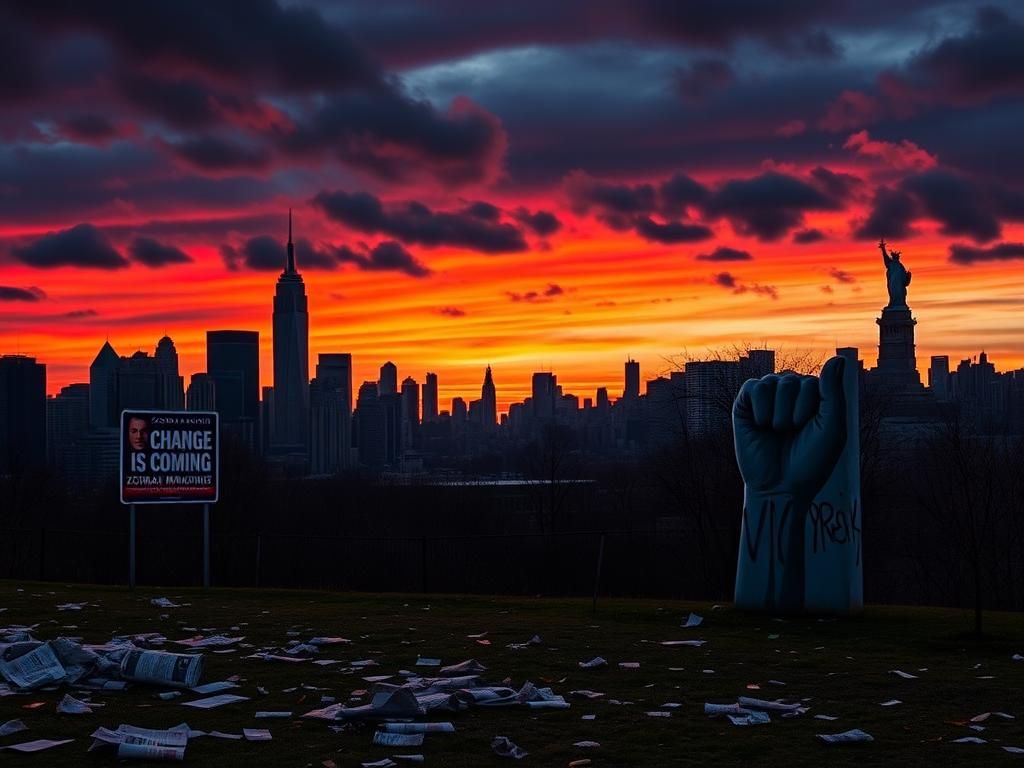 Flick International Dramatic skyline of New York City at dusk with political campaign elements