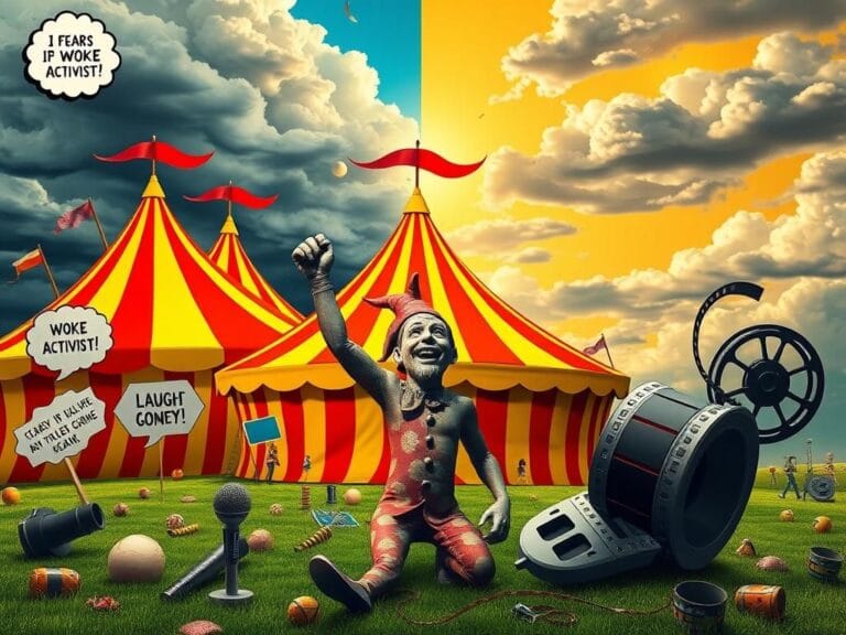 Flick International A whimsical, surreal landscape featuring a large carnival tent and a broken jester statue, representing the chaotic energy of modern comedy.