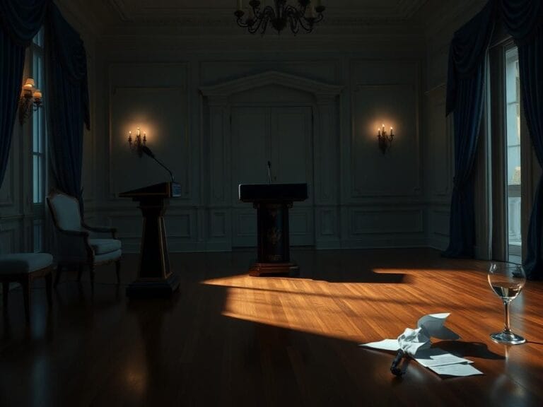 Flick International Dimly lit luxurious home interior with an ornate podium and teleprompter, symbolizing disillusionment among supporters.