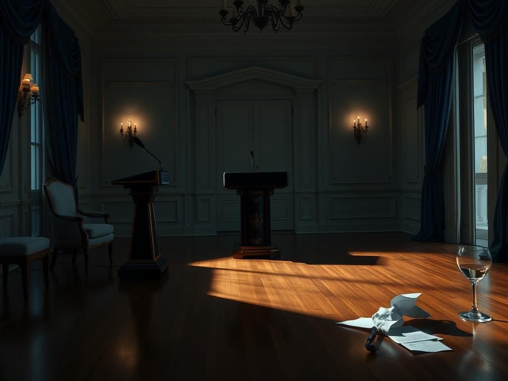 Flick International Dimly lit luxurious home interior with an ornate podium and teleprompter, symbolizing disillusionment among supporters.