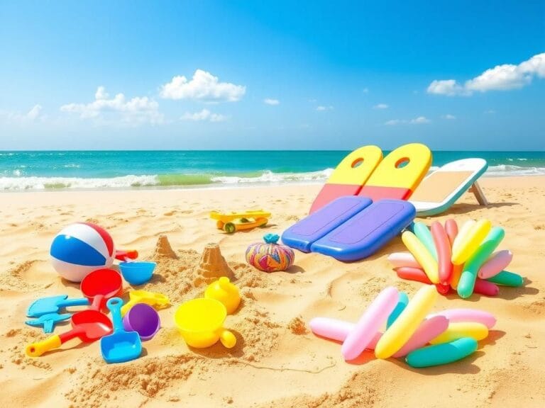 Flick International Vibrant beach scene with colorful beach toys on golden sand