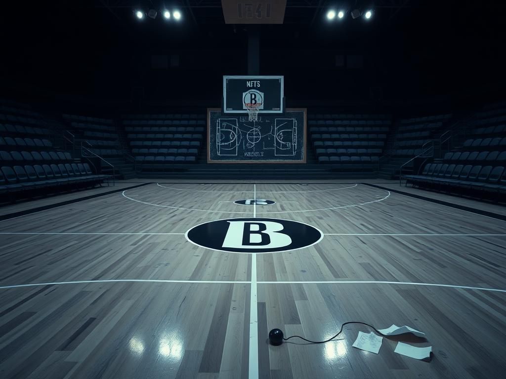 Flick International Dimly lit basketball court featuring the Brooklyn Nets emblem, reflecting on the team's challenges.