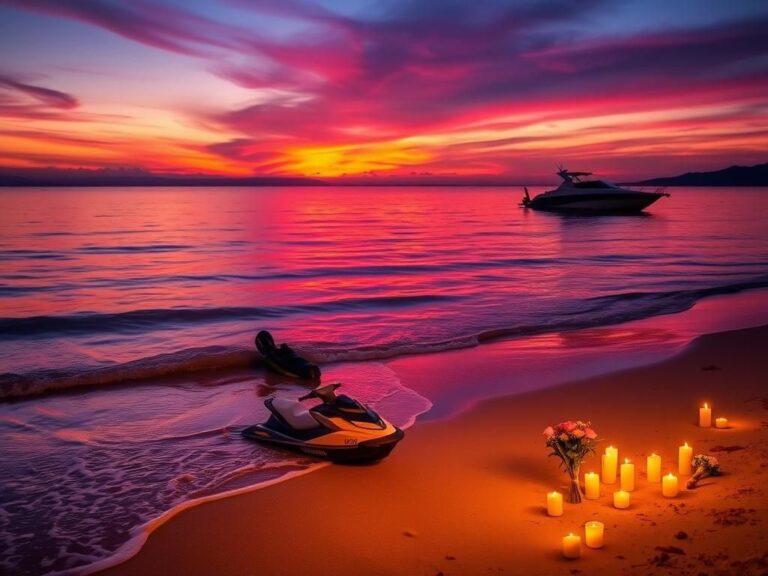 Flick International A serene beach scene at dusk with a partially submerged jet ski and peaceful sunset