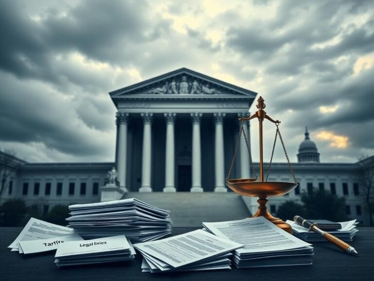 Flick International Dramatic courthouse facade symbolizing legal challenge against executive power