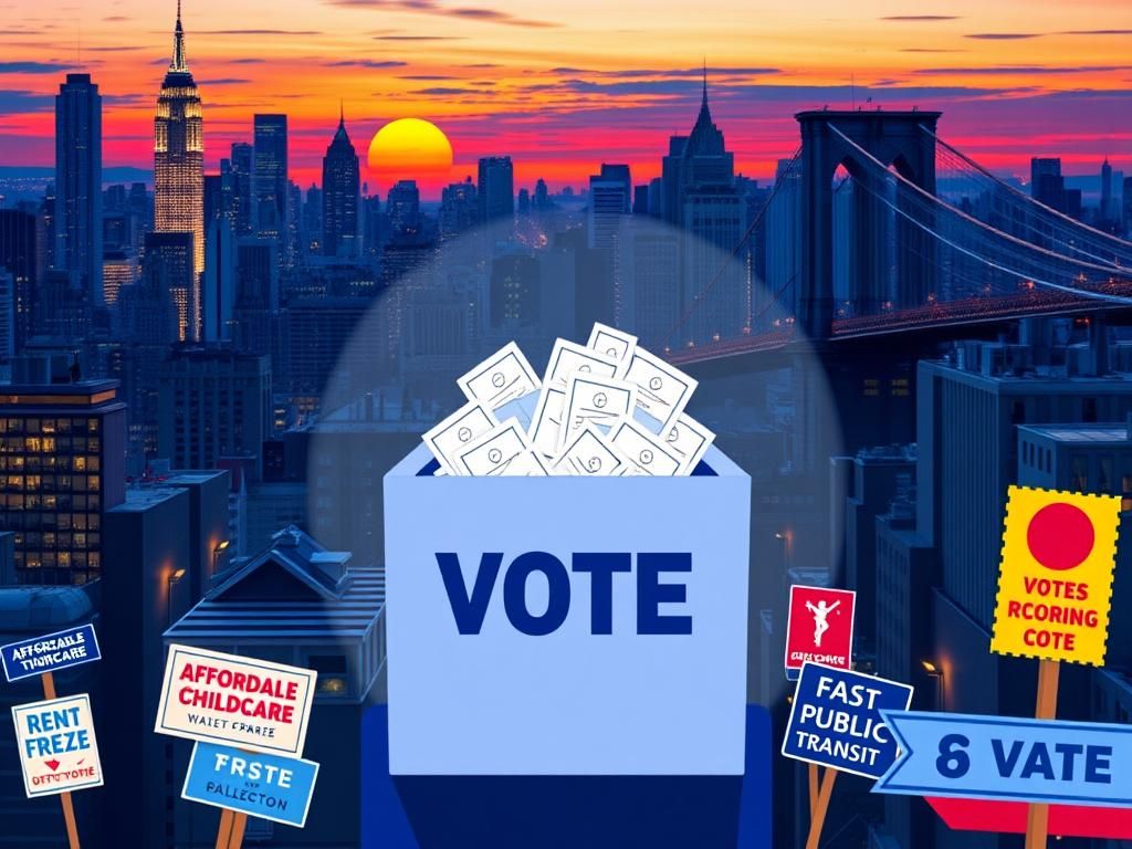 Flick International A vibrant New York City skyline at dusk with a ballot box symbolizing record voter turnout