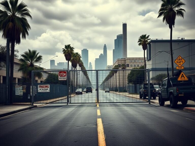 Flick International Empty urban street in Los Angeles showing industrial gate and palm trees