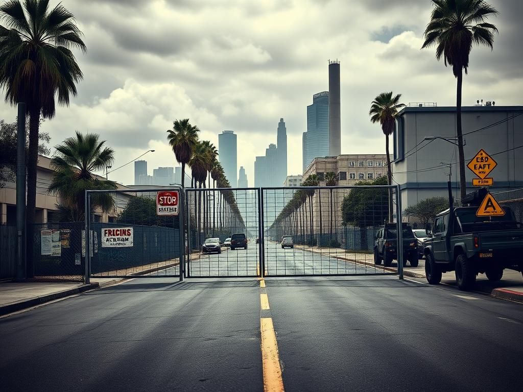 Flick International Empty urban street in Los Angeles showing industrial gate and palm trees