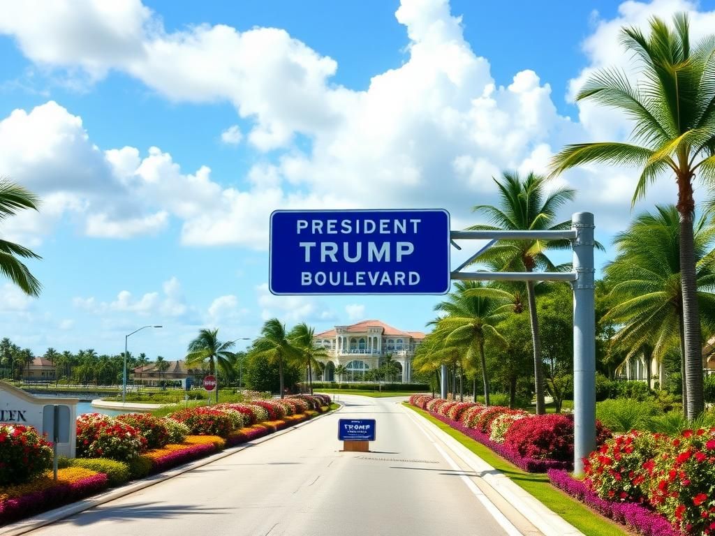 Flick International A vibrant scene of Southern Boulevard in Palm Beach County with the sign 'PRESIDENT DONALD J. TRUMP BOULEVARD' surrounded by palm trees and flowers
