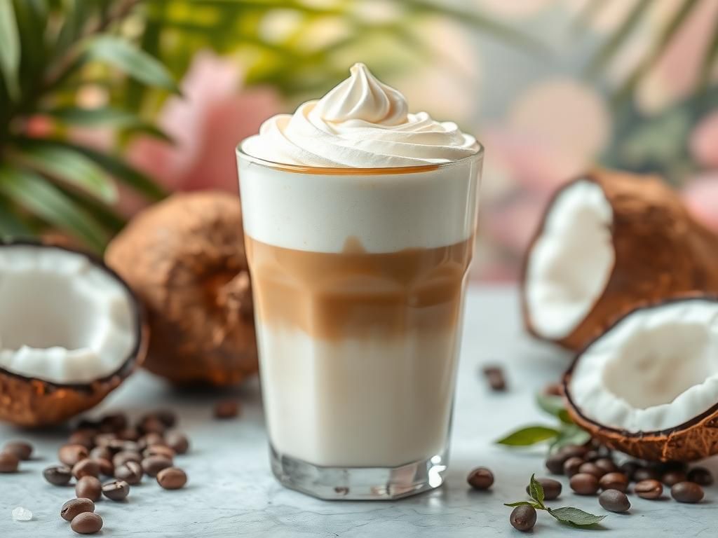 Flick International Close-up of a glass of cloud coffee with whipped instant coffee foam on coconut water