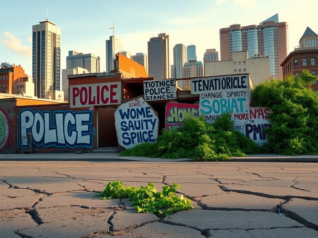 Flick International Dynamic urban scene featuring a partially destructed police station and graffiti advocating for community safety in New York City.