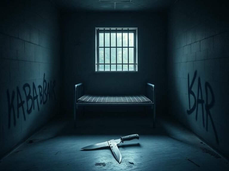 Flick International Dark prison cell with steel bars and a solitary Ka-Bar knife sheath on the floor