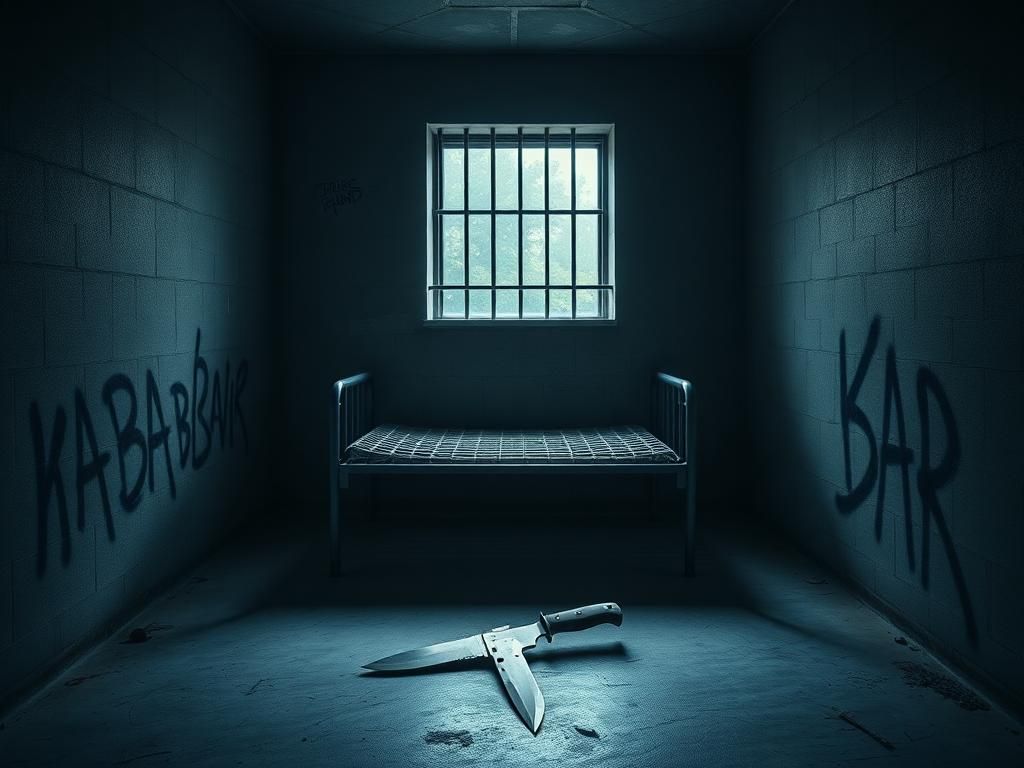 Flick International Dark prison cell with steel bars and a solitary Ka-Bar knife sheath on the floor
