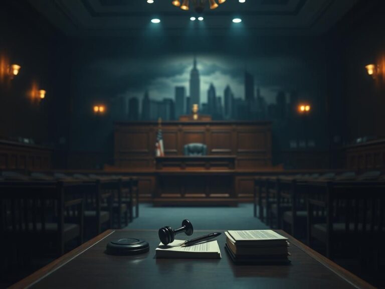 Flick International Dimly lit courtroom with a large wooden judge's bench and legal documents on a table