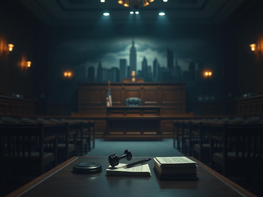Flick International Dimly lit courtroom with a large wooden judge's bench and legal documents on a table