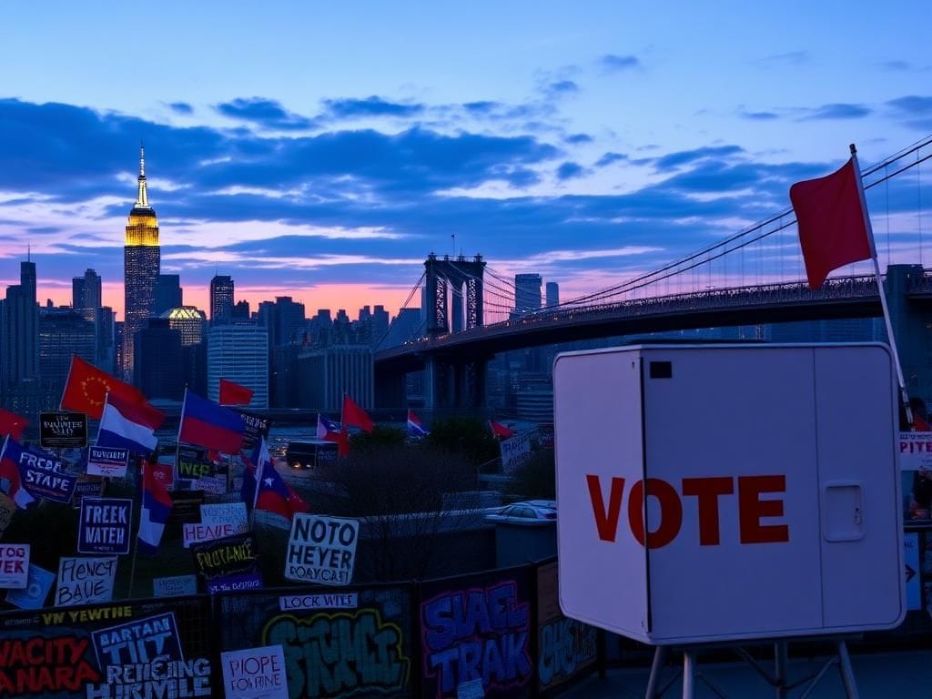 Flick International Panoramic view of New York City at twilight featuring the skyline, campaign signs, and an empty voting booth.